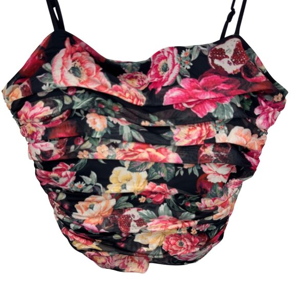 Express Body Contour Black Fruit/Floral Fairy goth Ruched Tank Top Women’s szXL - Picture 1 of 8